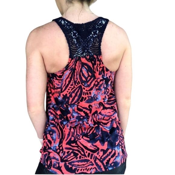 LUCKY Brand Crochet Floral Racerback Tank Blue Orange Size XS - Picture 2 of 5